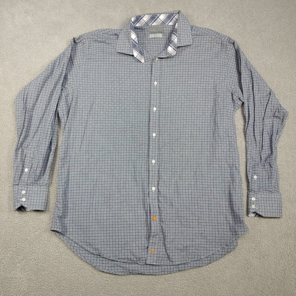 Thomas Dean Button Down - Mens XXL Blue Basketweave Plaid Trim Long Sleeve Shirt